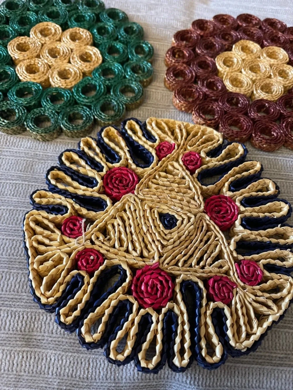 Vintage Handmade Woven Floral Trivets - Green, Burgundy, Gold
